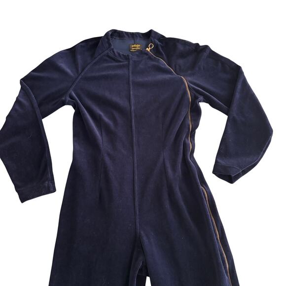 La Perla Malizia Italy Zipper Jumpsuit XS Navy Blue Velvet 1-Piece Pajama Vtg - Picture 3 of 11